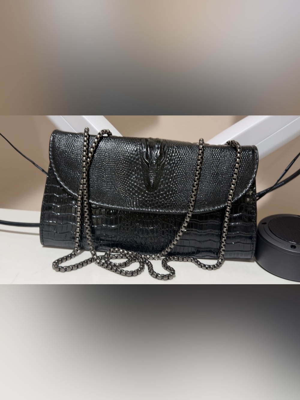 Black Croc-Embossed Chain Shoulder Bag